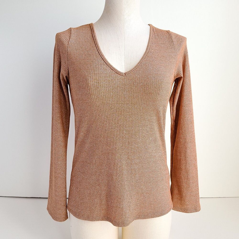 Sage The Label Shimmer Metallic Long Sleeve V-Neck Top Womens S